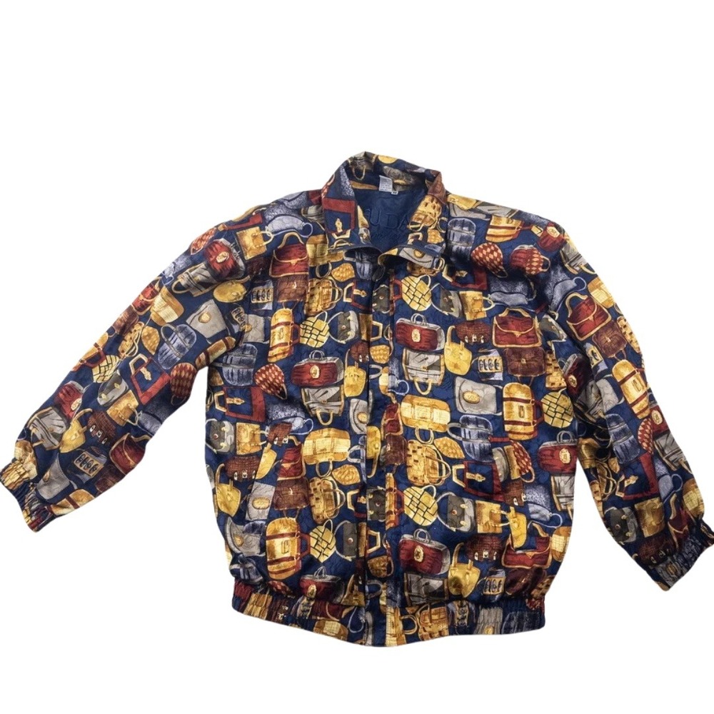 Vintage Patterned 90s Silk Bomber Jacket Womens Medium Blue Purse Print 80s